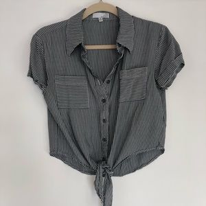 Short sleeved button down shirt with tie detail
